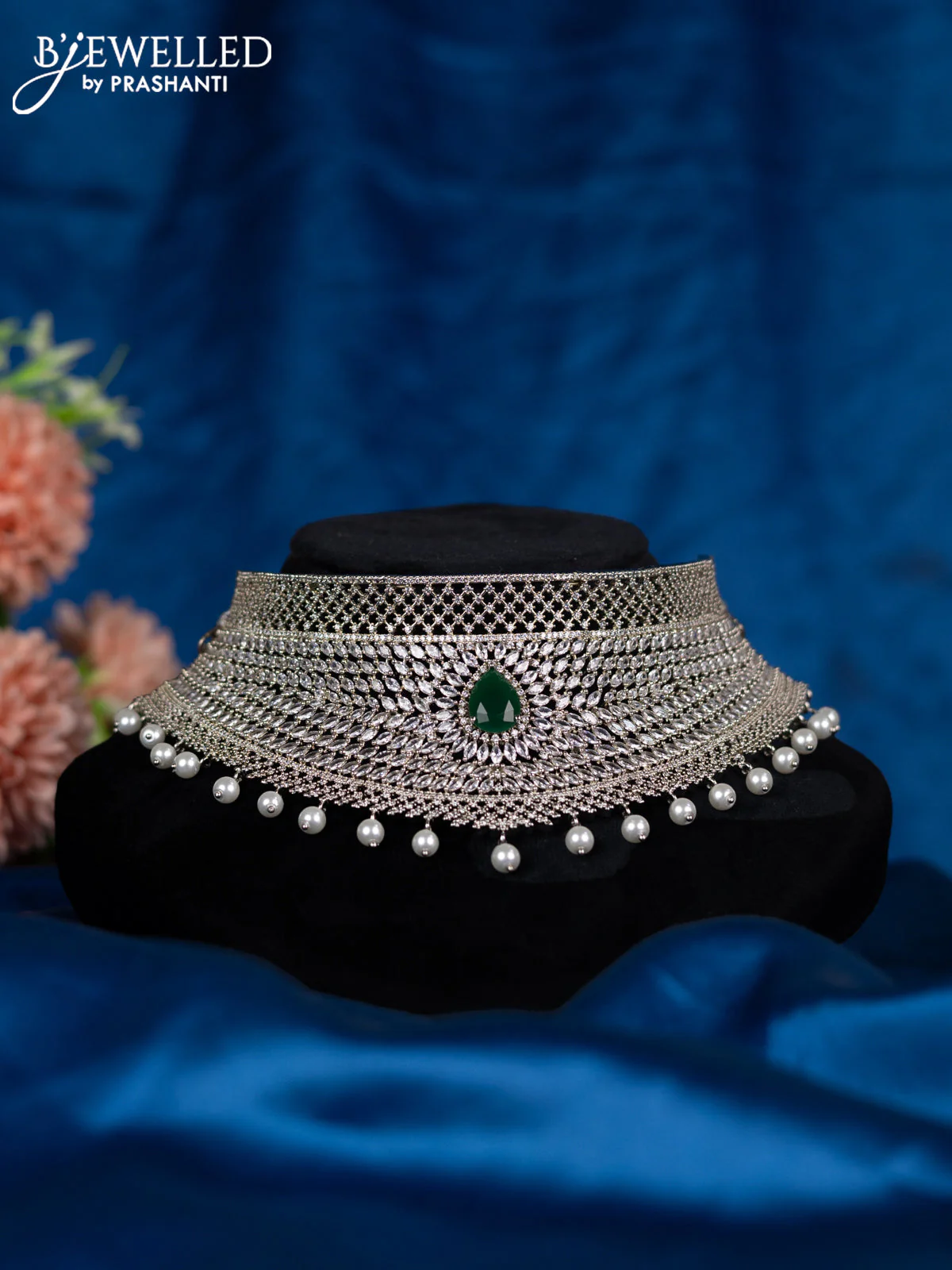 Zircon choker with emerald & cz stones and pearl hangings - Image 2