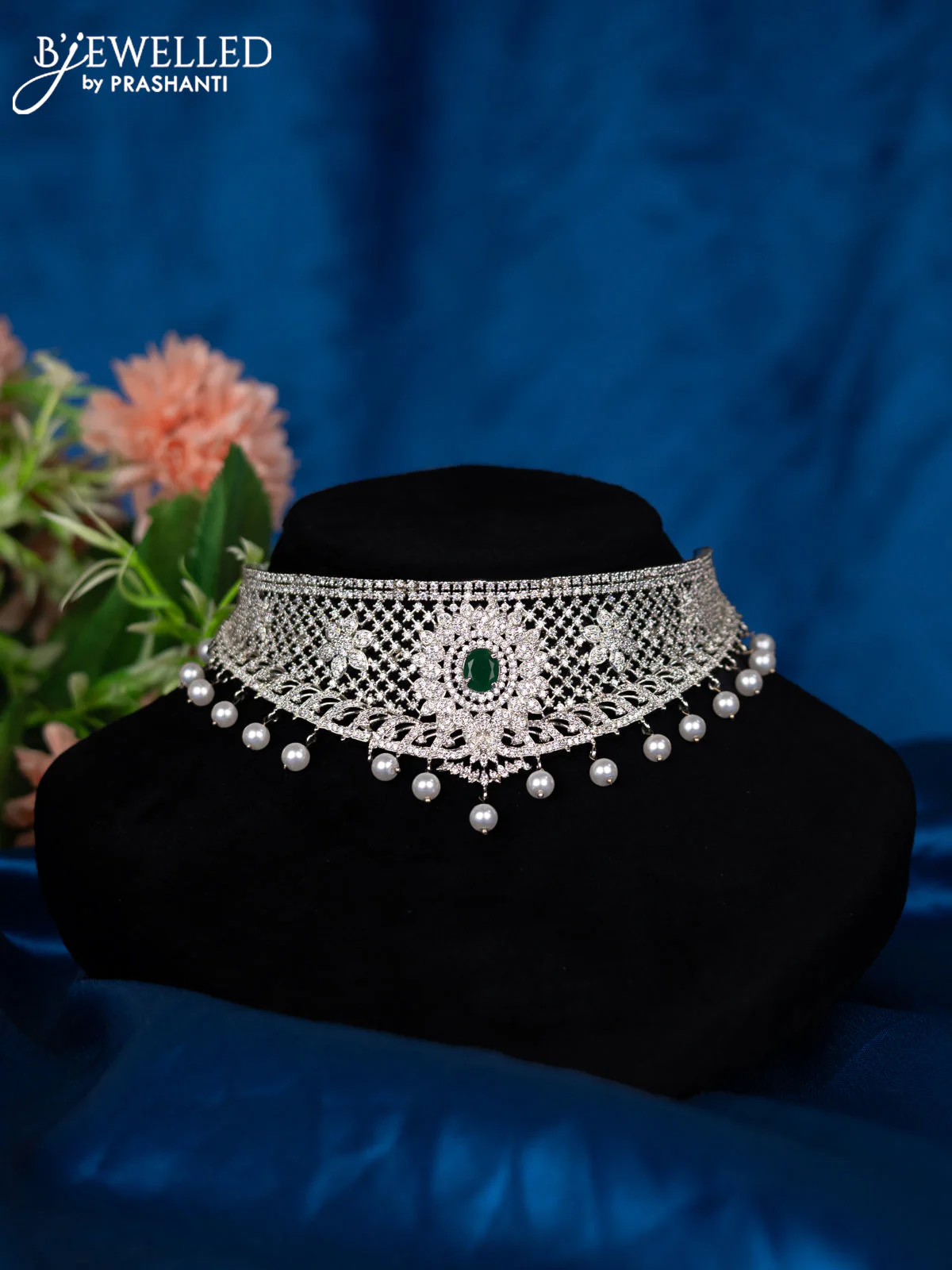 Zircon choker with emerald & cz stones and pearl hangings - Image 2