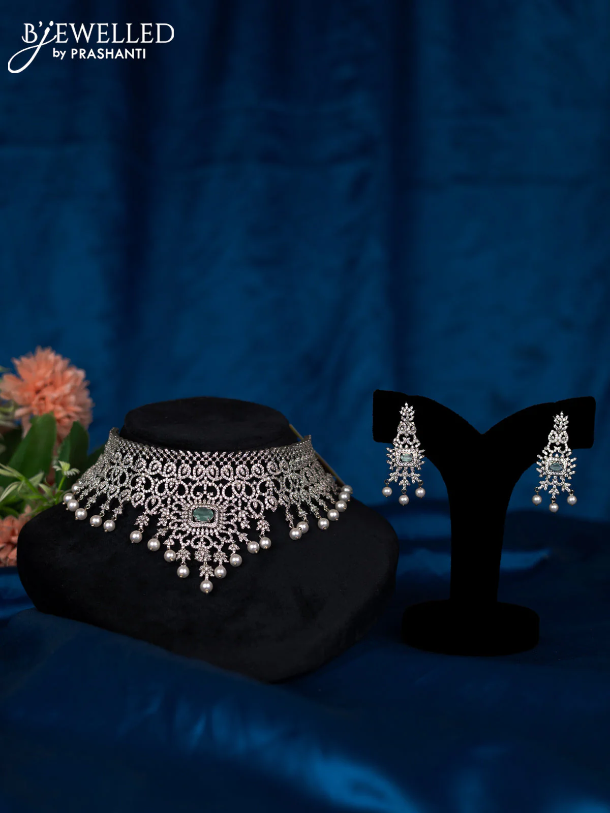 Zircon choker with mint green & cz stones and pearl hangings