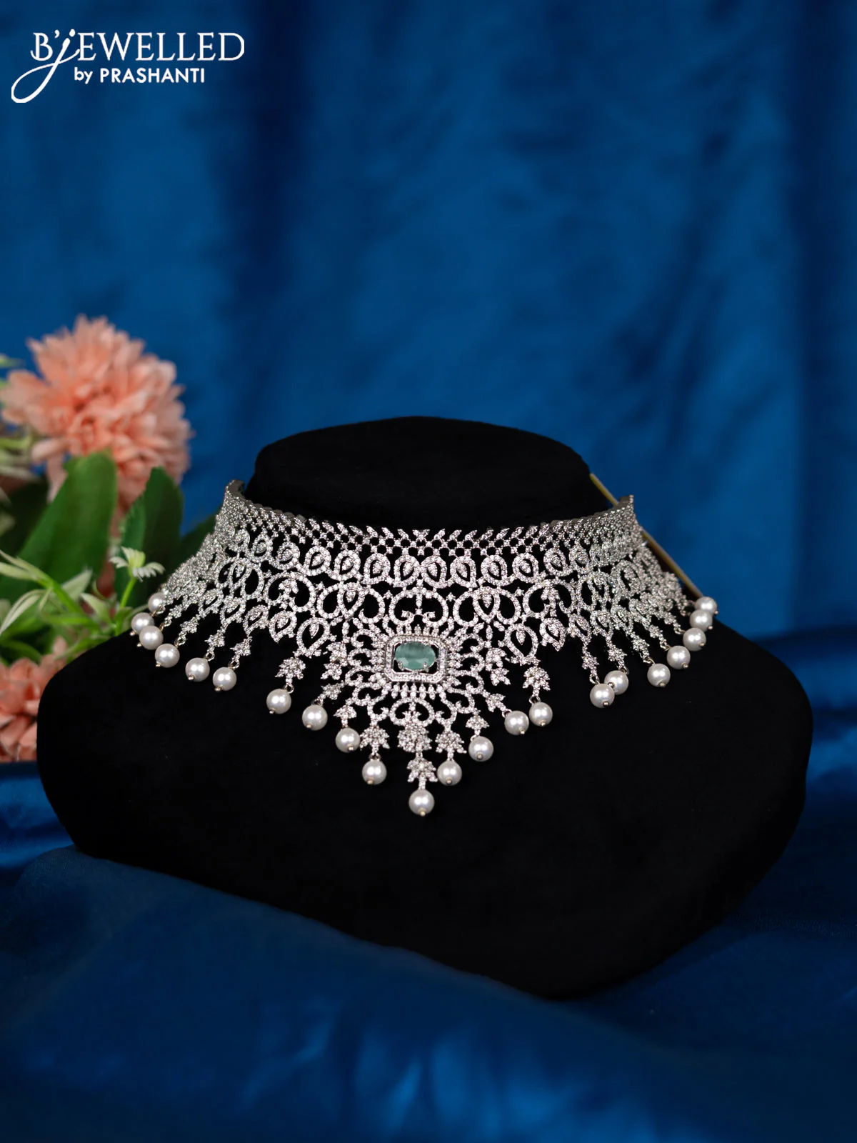 Zircon choker with mint green & cz stones and pearl hangings - Image 2