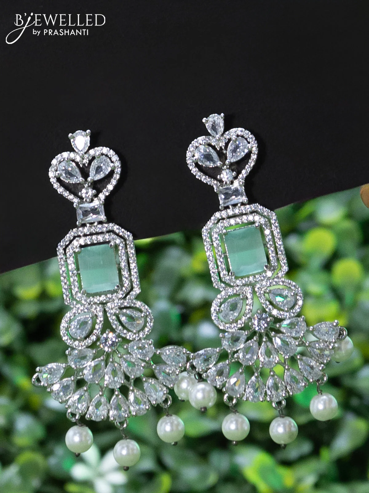 Zircon choker with mint green & cz stones and pearl hangings - Image 2