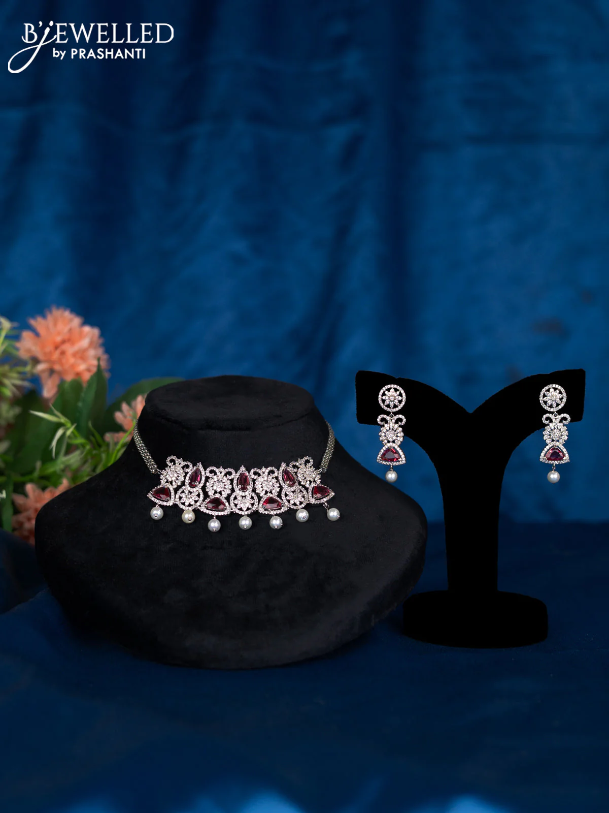 Zircon choker with ruby & cz stones and pearl hangings