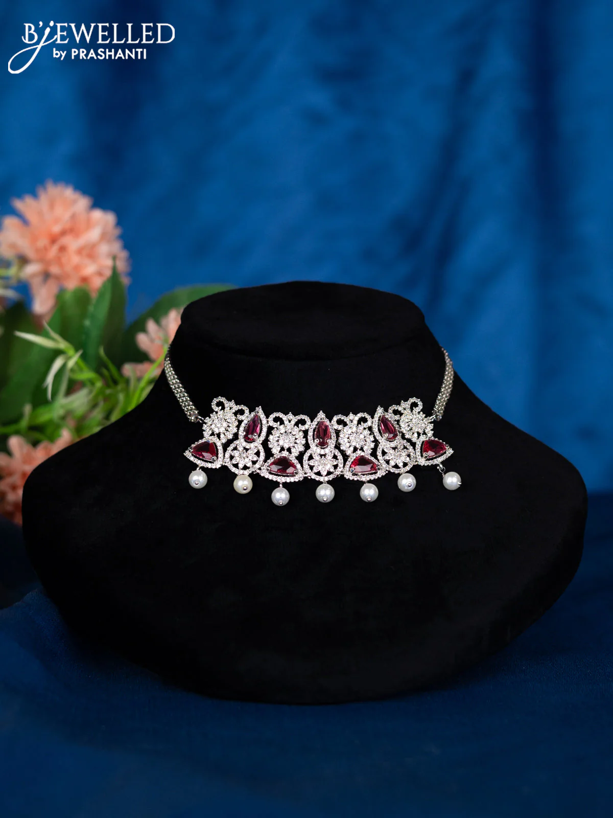 Zircon choker with ruby & cz stones and pearl hangings - Image 2
