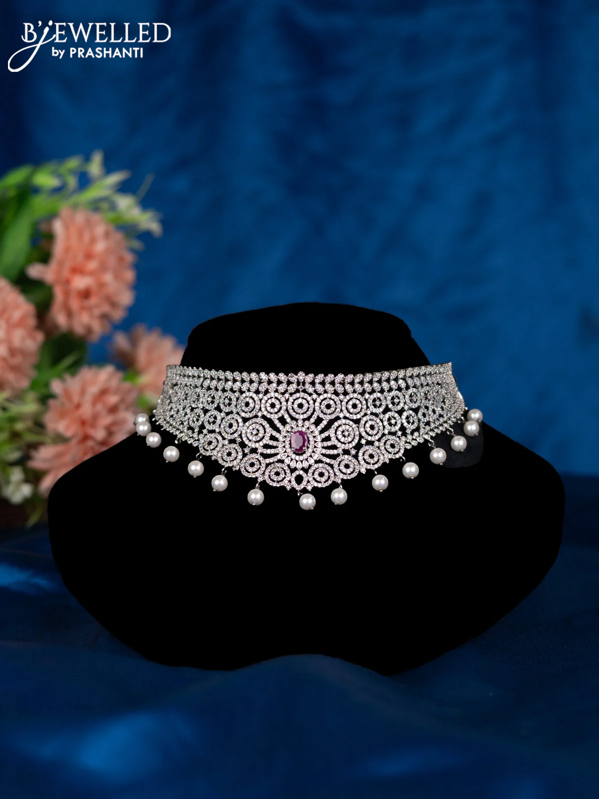 Zircon choker with ruby & cz stones and pearl hangings