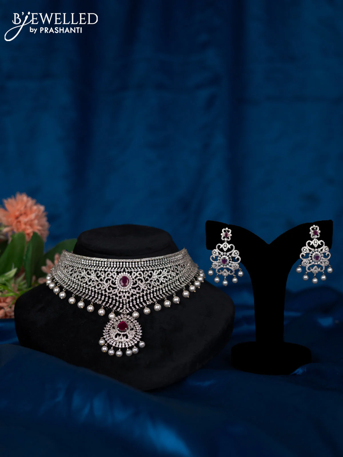 Zircon choker with ruby & cz stones and pearl hangings
