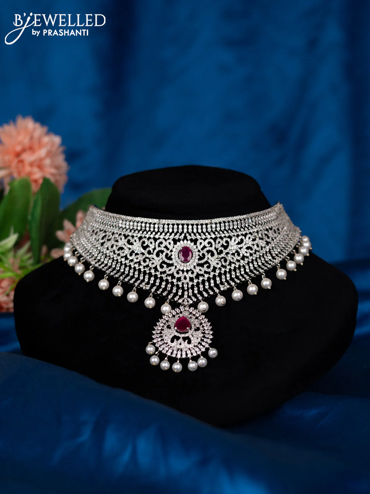 Zircon choker with ruby & cz stones and pearl hangings - Image 2