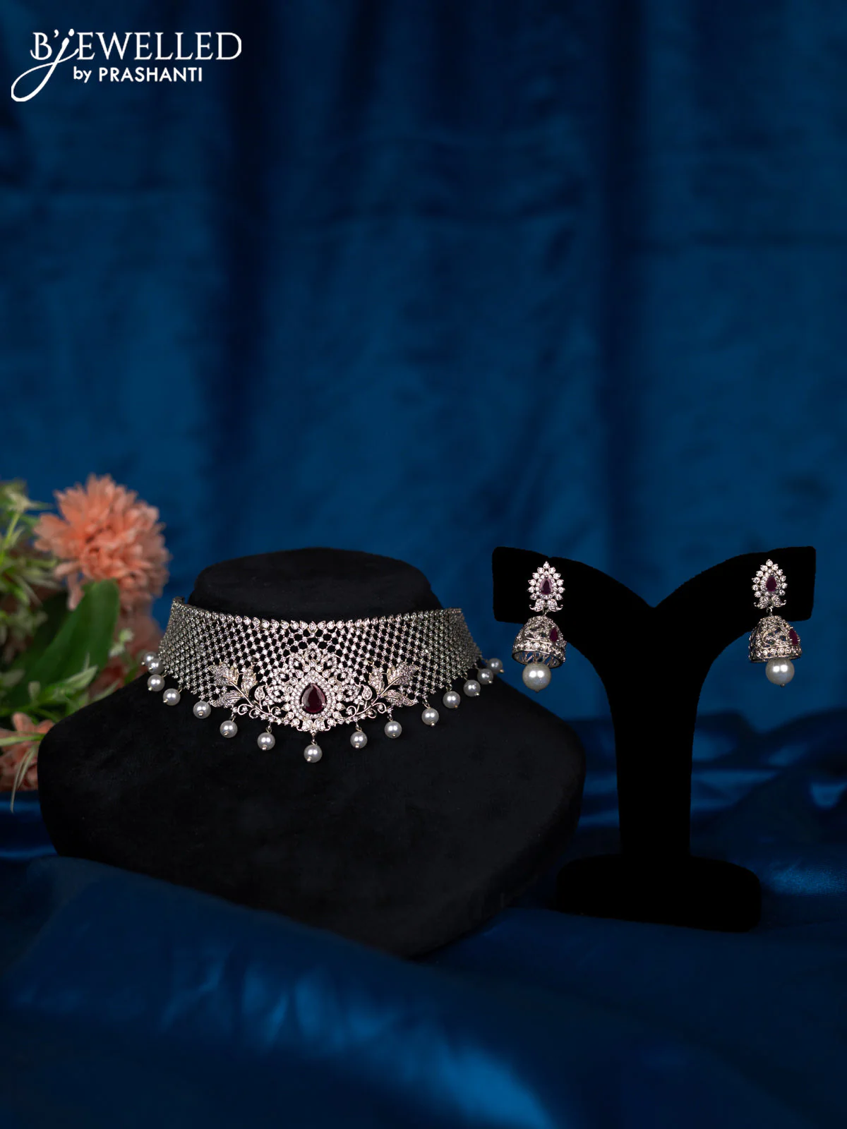 Zircon choker with ruby & cz stones and pearl hangings