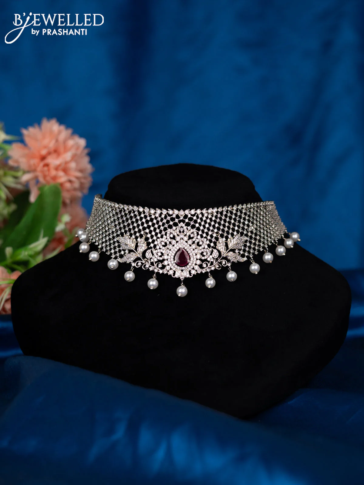 Zircon choker with ruby & cz stones and pearl hangings - Image 2