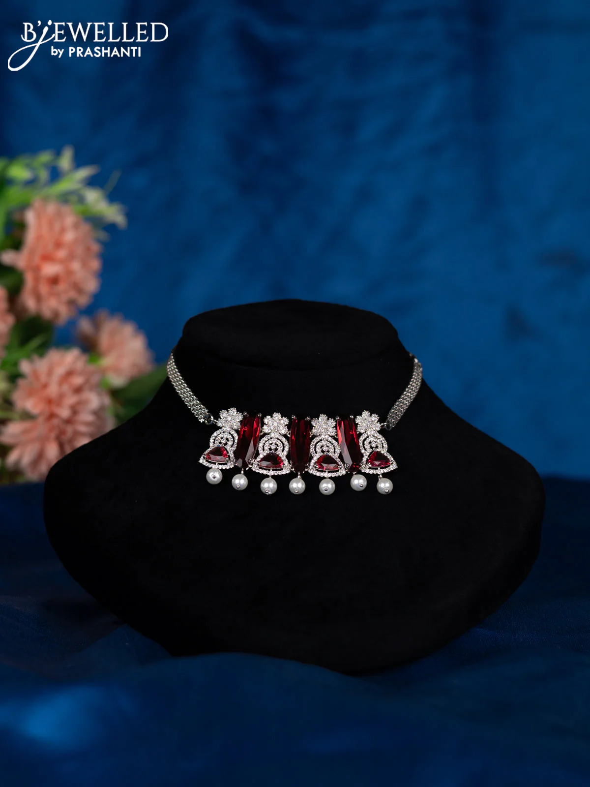 Zircon choker with ruby & cz stones and pearl hangings - Image 2