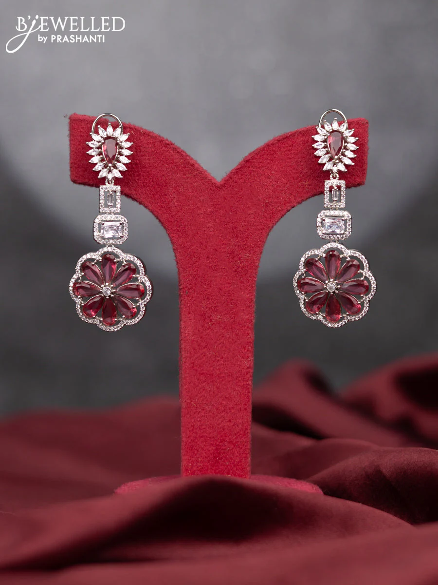 Zircon earring floral design with ruby & cz stones and hangings
