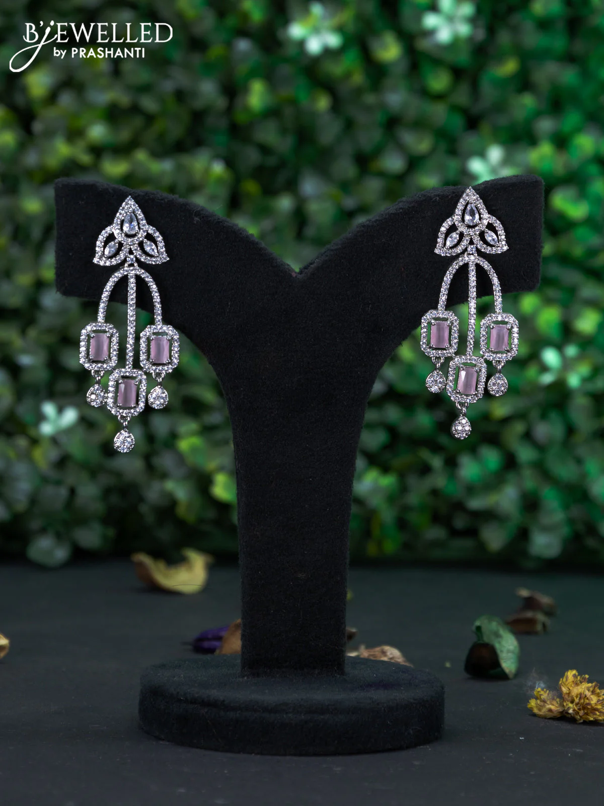 Zircon earring with baby pink & cz stones and hangings