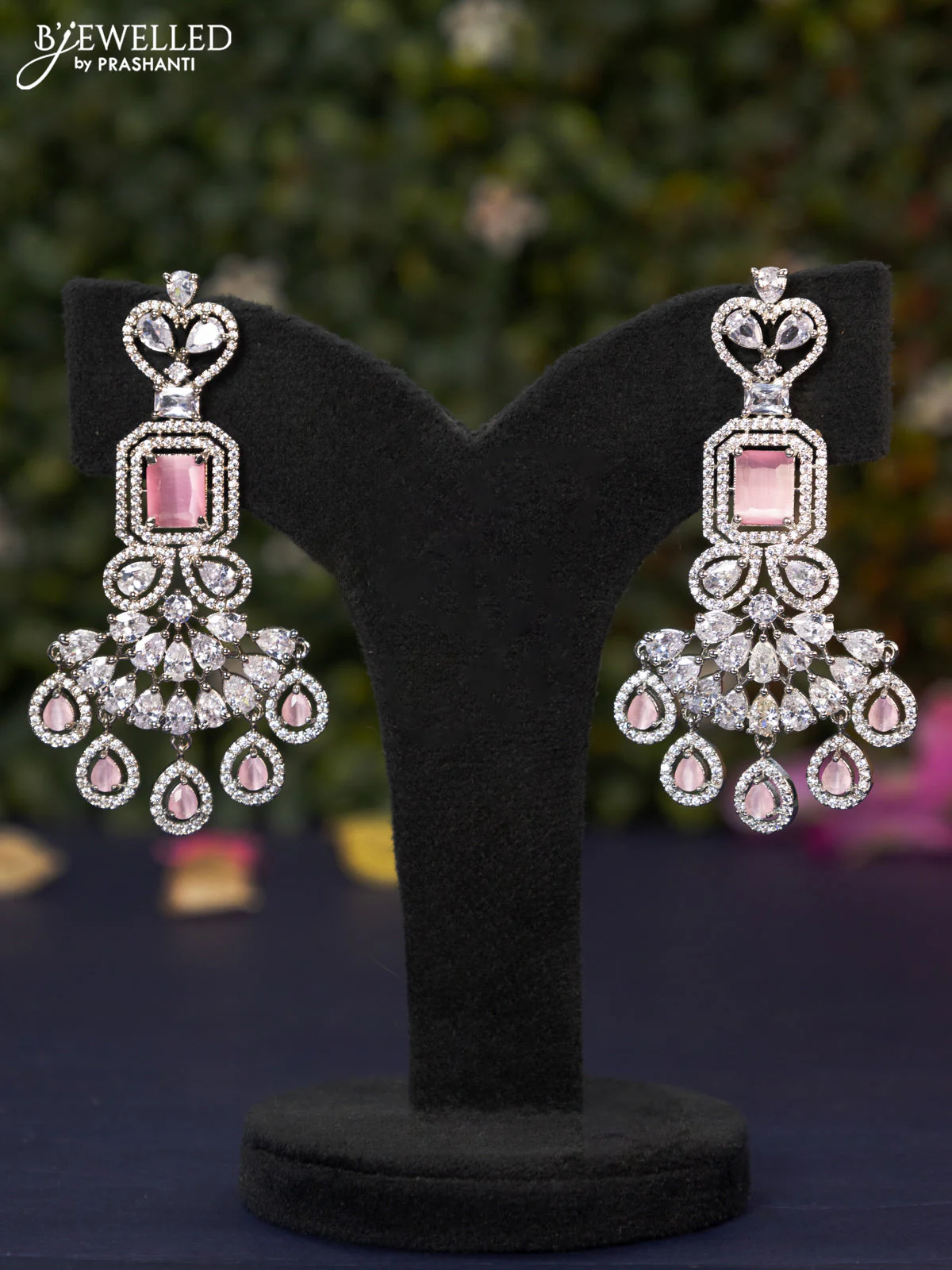 Zircon earring with baby pink & cz stones and hangings
