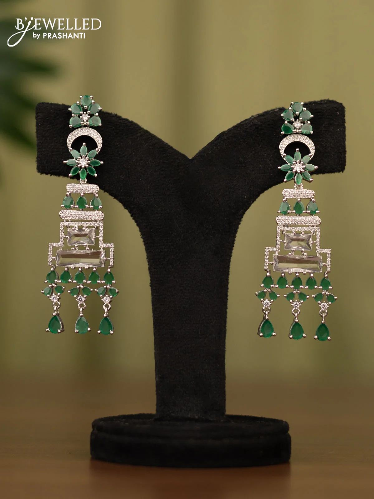 Zircon earrings with emerald & cz stones and hangings