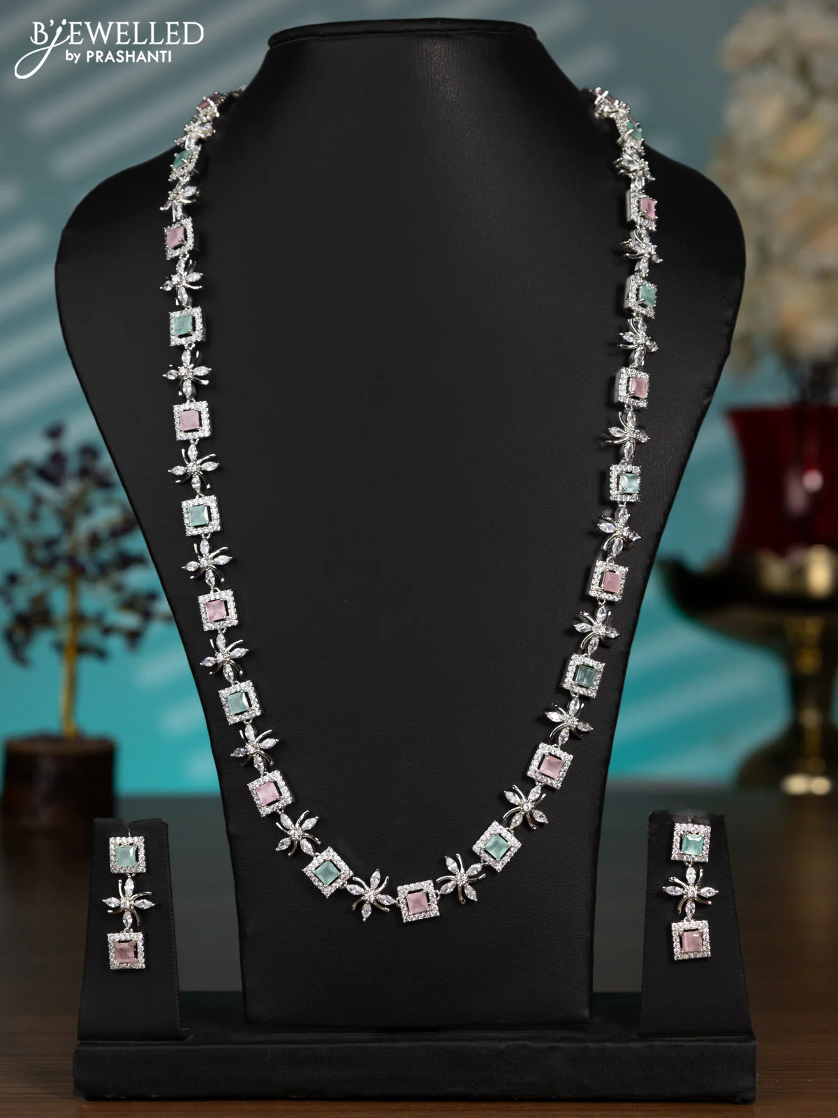 Zircon haaram with mint green & baby pink and cz stones