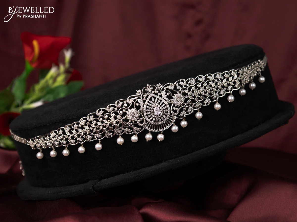 Zircon hip chain with cz stones and pearl hangings