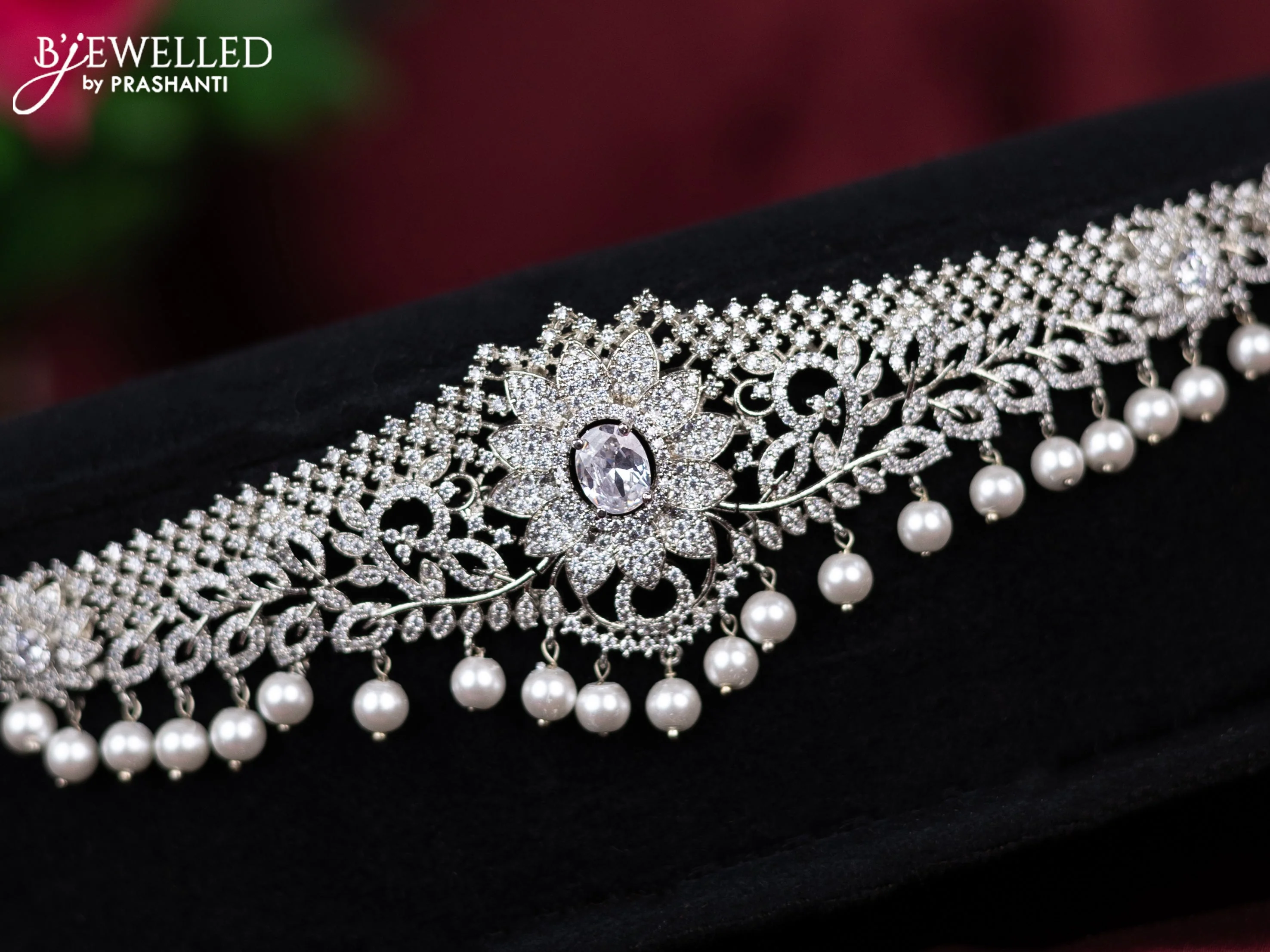 Zircon hip chain with cz stones and pearl hangings - Image 2