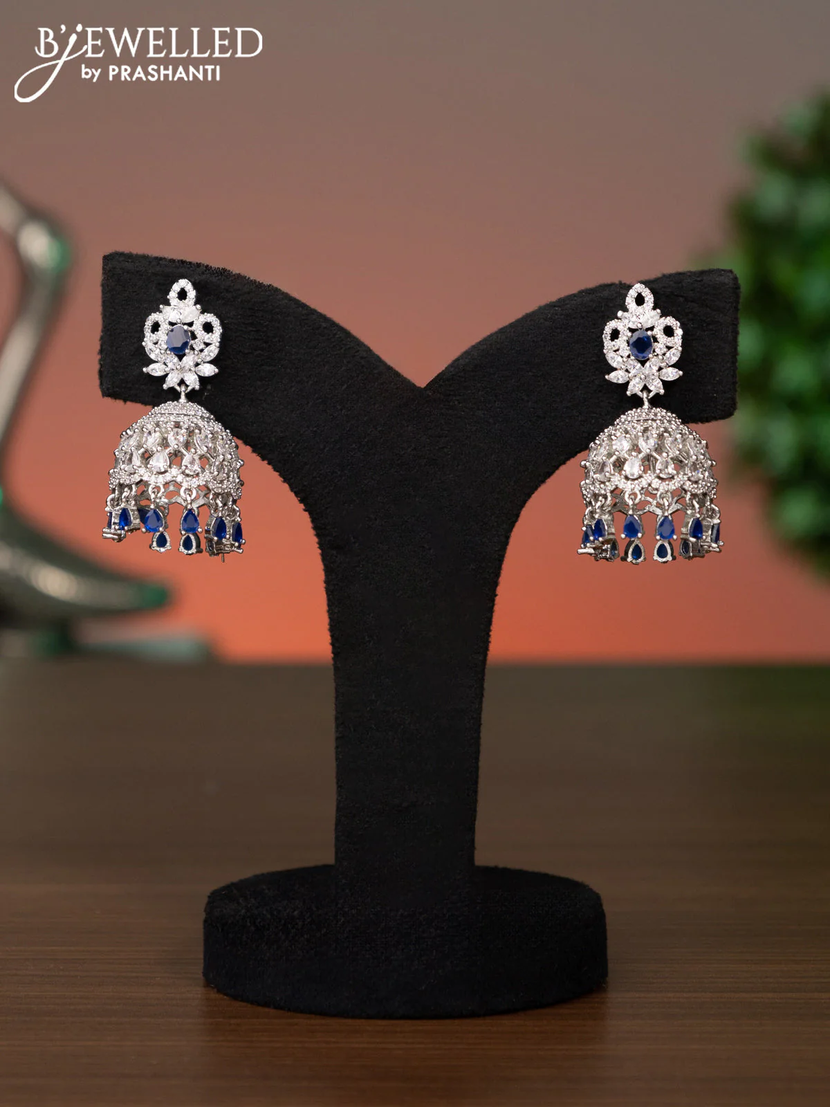 Zircon jhumka with sapphire & cz stones and pearl hangings