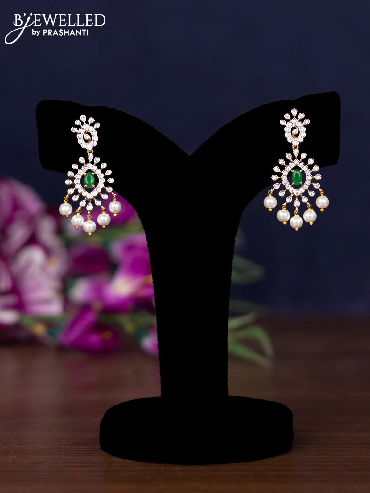 Zircon necklace with emerald & cz stones and pearl hangings in gold finish - Image 2