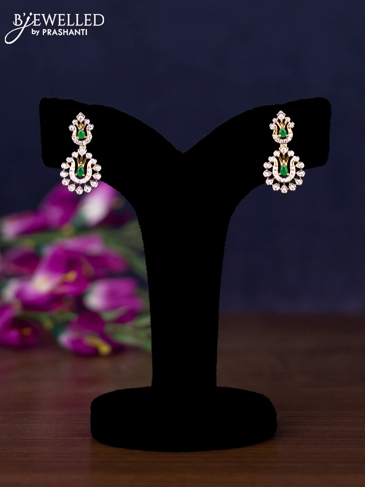 Zircon necklace with emerald & cz stones and pearl hangings in gold finish - Image 2