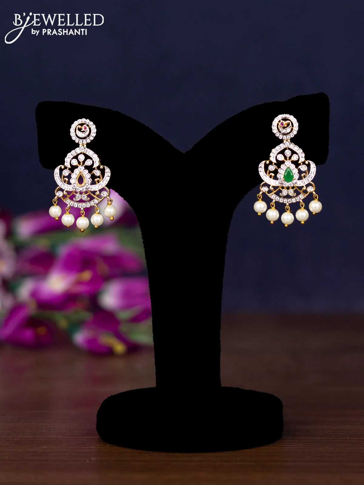 Zircon necklace with emerald & cz stones and pearl hangings in gold finish - Image 2