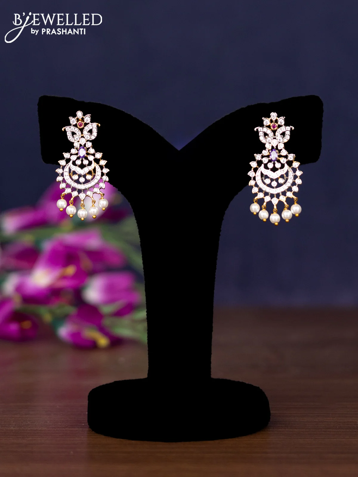 Zircon necklace with multicolour & cz stones and pearl hangings in gold finish - Image 2