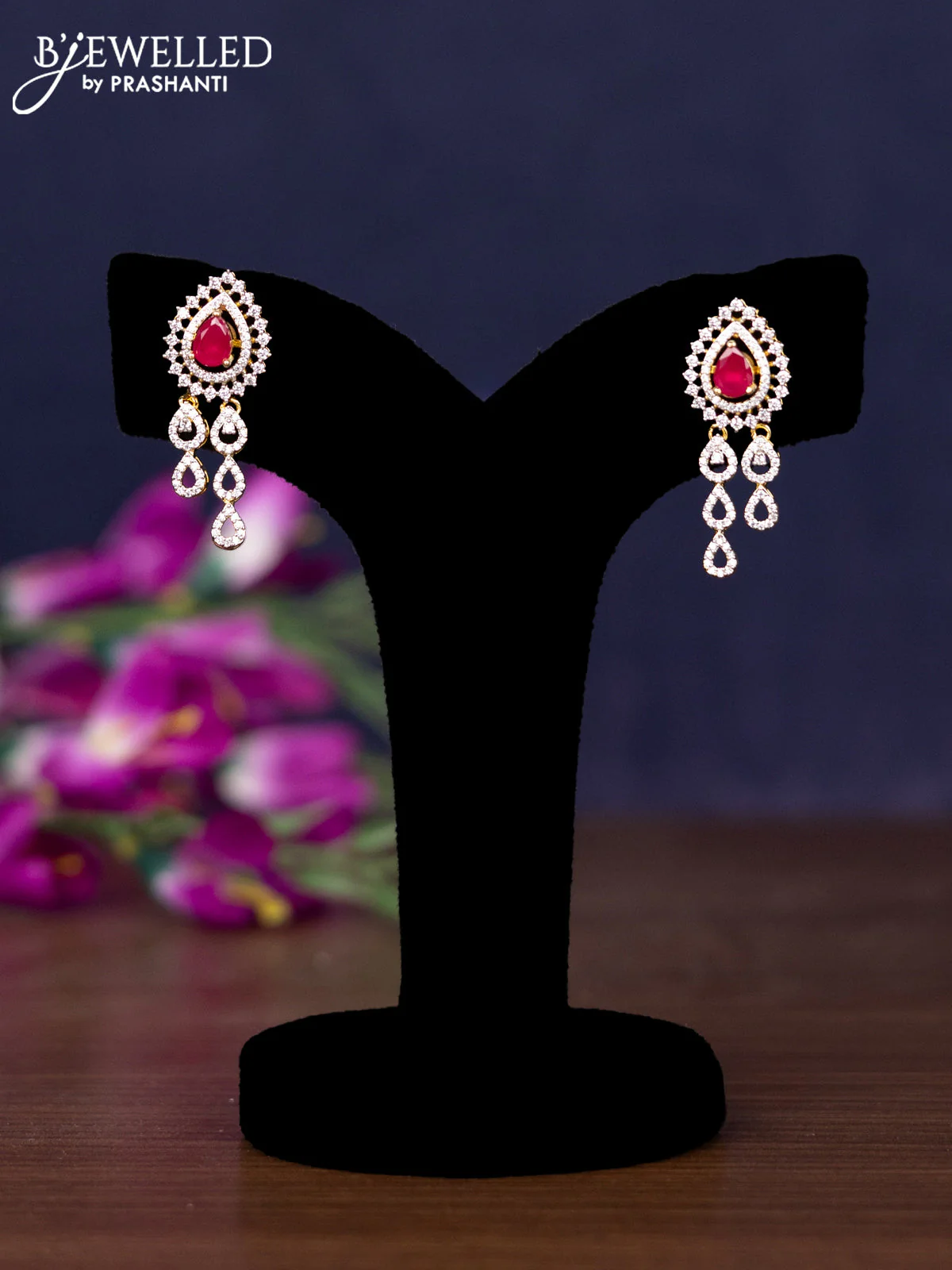 Zircon necklace with ruby and cz stones in gold finish - Image 2