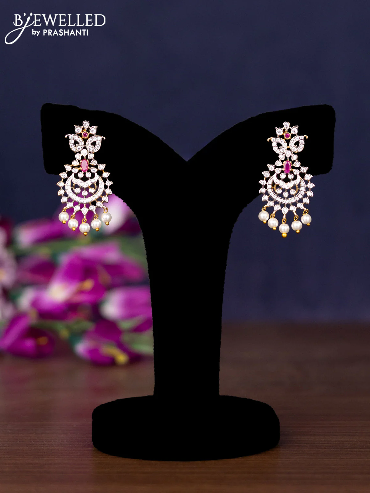 Zircon necklace with ruby & cz stones and pearl hangings in gold finish - Image 2