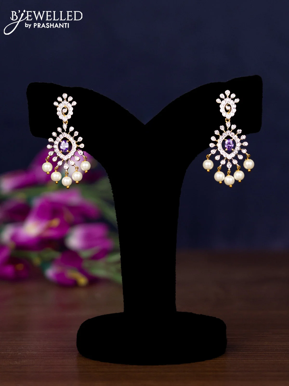 Zircon necklace with violet & cz stones and pearl hangings in gold finish - Image 2
